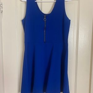 blue mini dress with gold front zipper